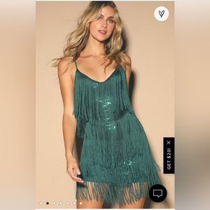 Lulus Get in the Groove Emerald Green Sequin Fringe Bodycon Dress, Size Small